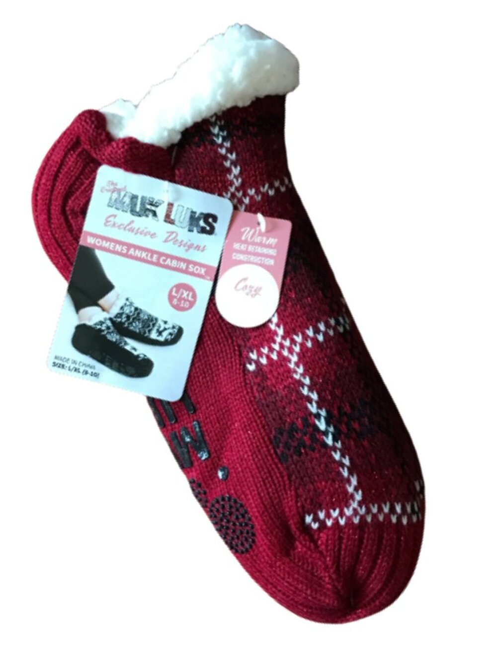 Muk Luks Ankle Cabin Sox Slipper Socks, Faux Sherpa Fur Lining, Size L/XL (8-10)
